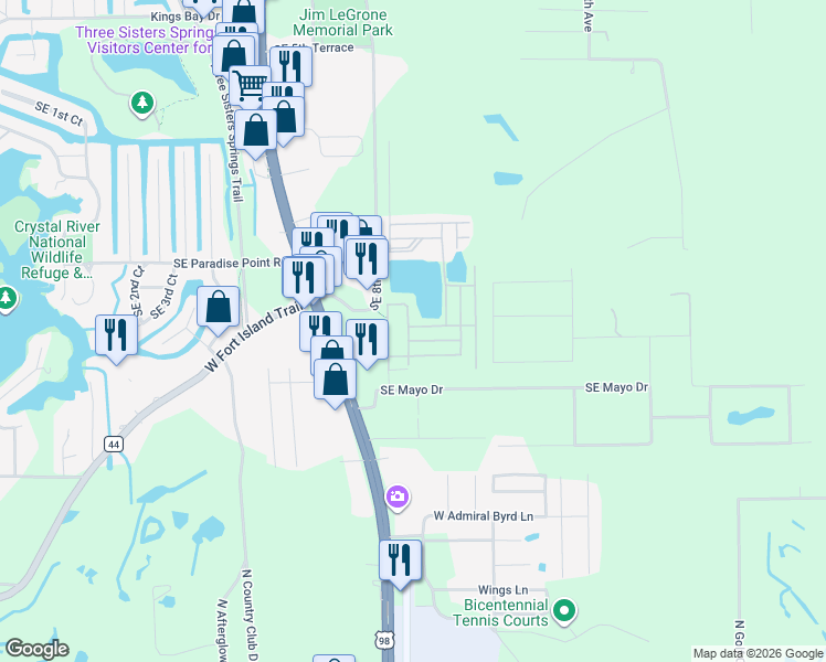 map of restaurants, bars, coffee shops, grocery stores, and more near 69 Southeast plumbob way in Crystal River