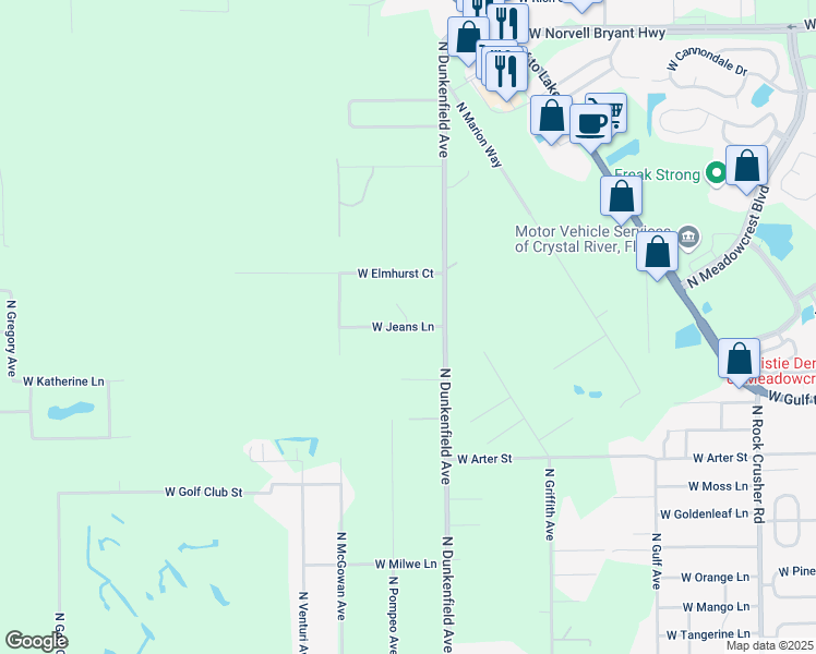 map of restaurants, bars, coffee shops, grocery stores, and more near 7076 West Jeans Lane in Crystal River