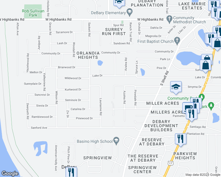 map of restaurants, bars, coffee shops, grocery stores, and more near 114 Tanglewood Road in DeBary