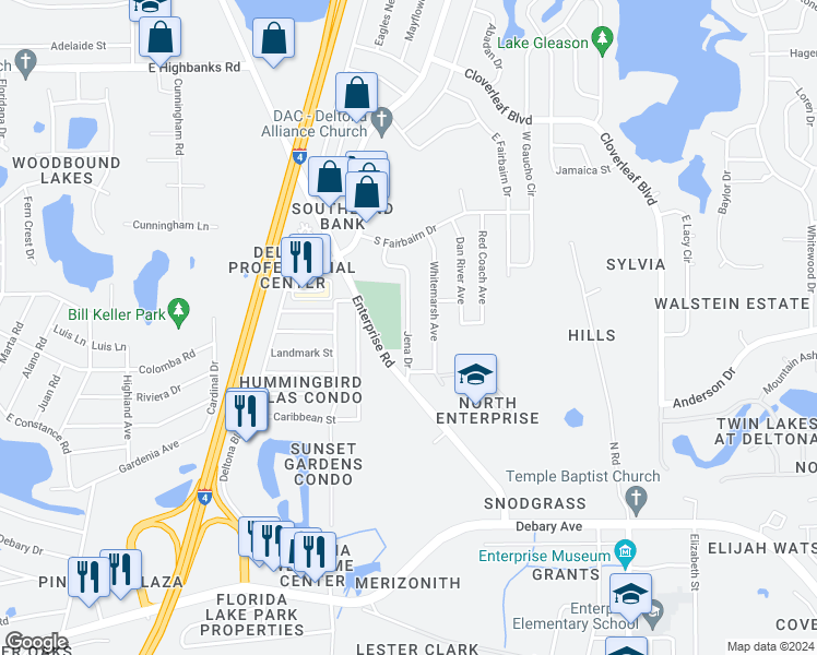 map of restaurants, bars, coffee shops, grocery stores, and more near 708 Jena Drive in Deltona