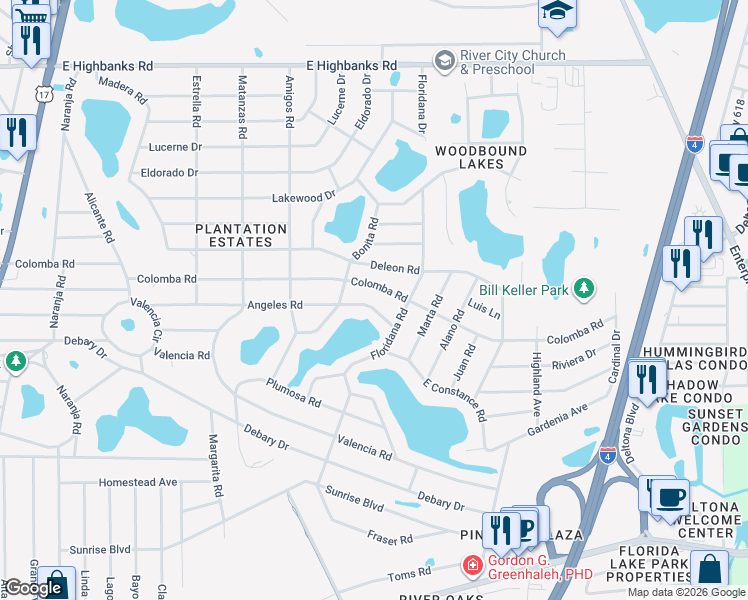 map of restaurants, bars, coffee shops, grocery stores, and more near 250 Angeles Road in DeBary