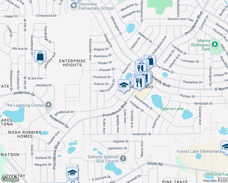map of restaurants, bars, coffee shops, grocery stores, and more near 1101 Marshall Street in Deltona