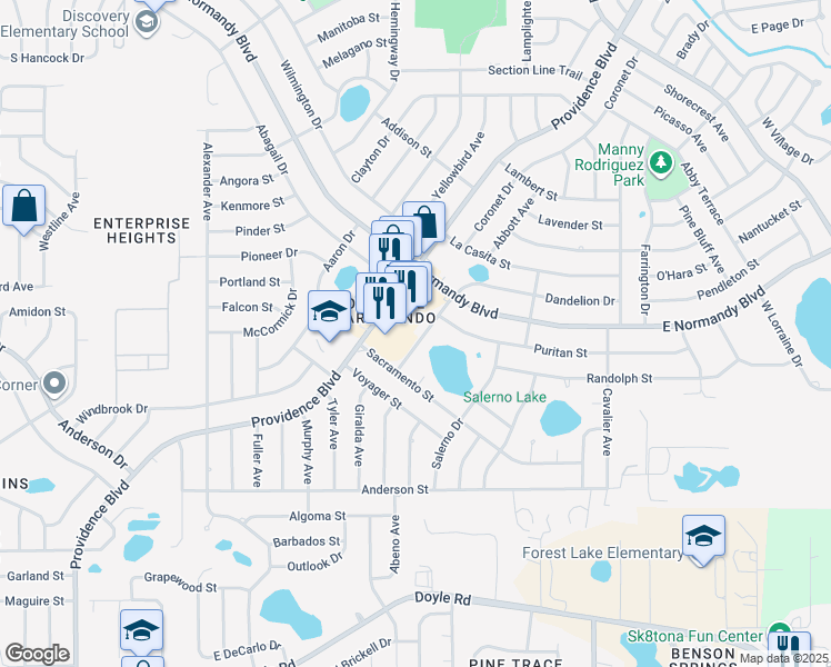 map of restaurants, bars, coffee shops, grocery stores, and more near 1257 Dandelion Drive in Deltona