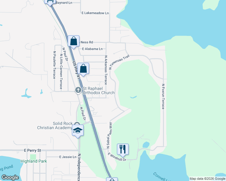 map of restaurants, bars, coffee shops, grocery stores, and more near 1226 North Timucuan Trail in Inverness