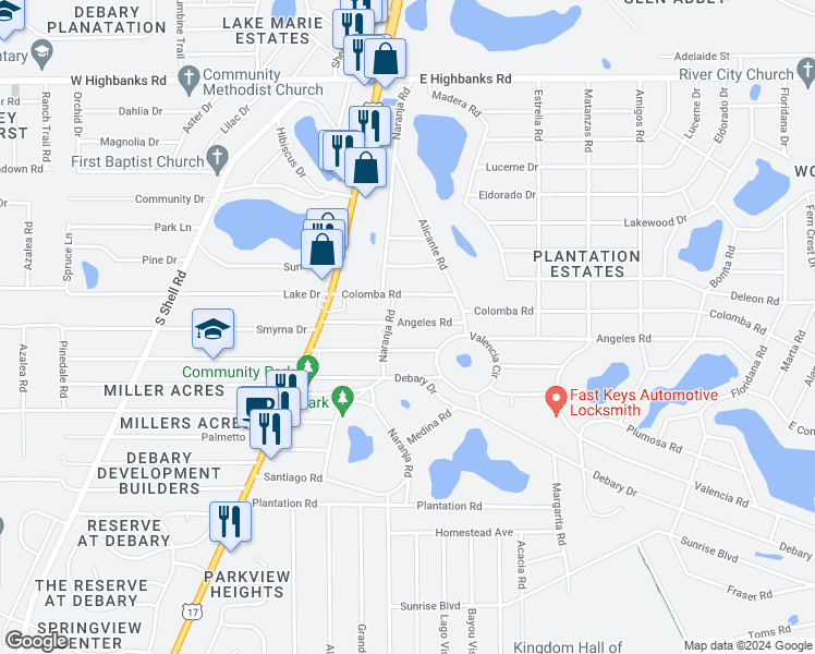 map of restaurants, bars, coffee shops, grocery stores, and more near 105 Angeles Road in DeBary