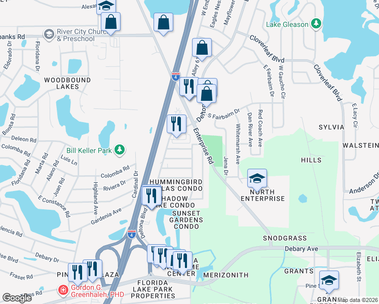 map of restaurants, bars, coffee shops, grocery stores, and more near 665A Belltower Avenue in Deltona