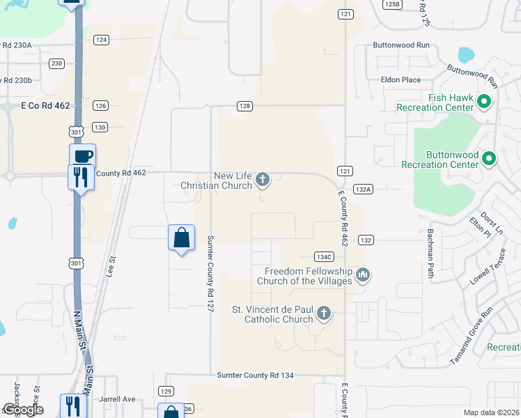 map of restaurants, bars, coffee shops, grocery stores, and more near 4621 East Co Road 462 in Wildwood