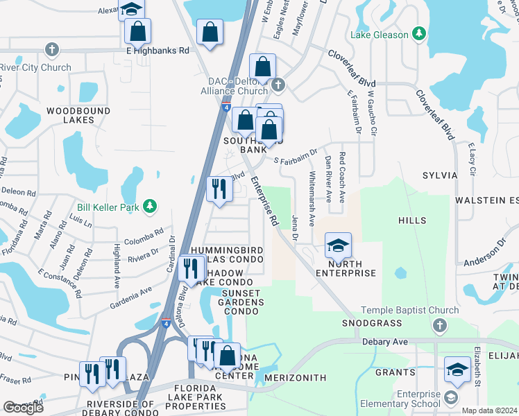 map of restaurants, bars, coffee shops, grocery stores, and more near 692 Pepperwood Avenue in Deltona
