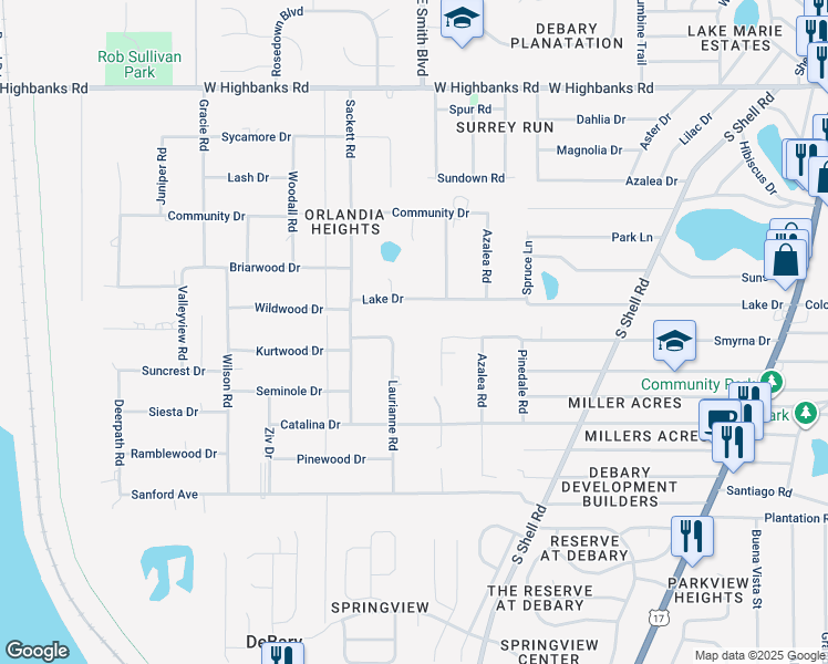 map of restaurants, bars, coffee shops, grocery stores, and more near 111 Lake Drive in DeBary