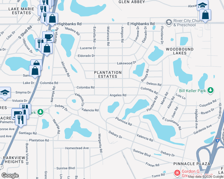 map of restaurants, bars, coffee shops, grocery stores, and more near 203 Colomba Road in DeBary