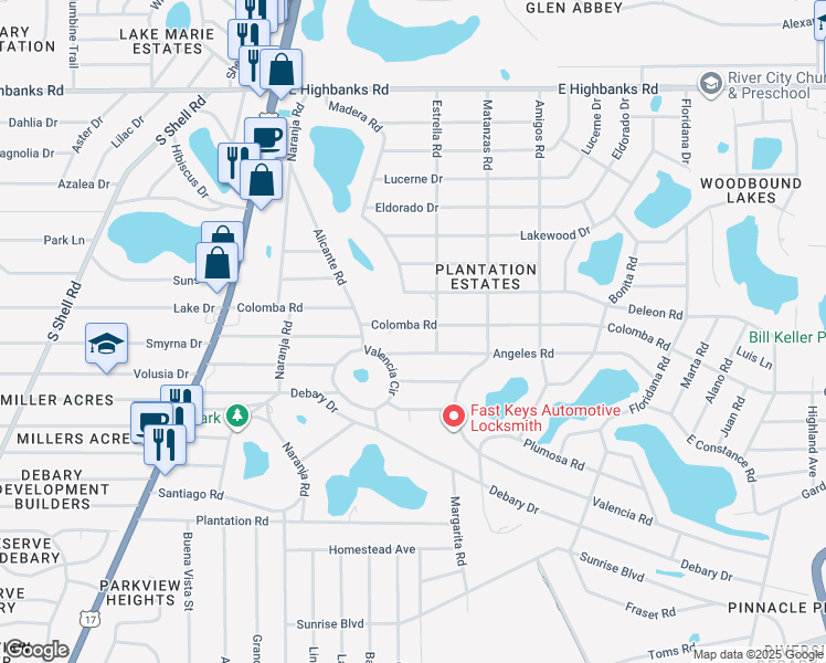 map of restaurants, bars, coffee shops, grocery stores, and more near 134 Colomba Road in DeBary