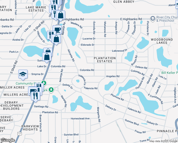 map of restaurants, bars, coffee shops, grocery stores, and more near 135 Colomba Road in DeBary
