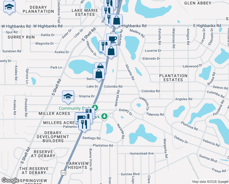 map of restaurants, bars, coffee shops, grocery stores, and more near 11 Colomba Road in DeBary
