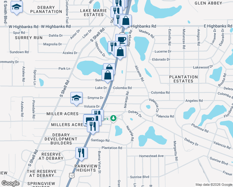map of restaurants, bars, coffee shops, grocery stores, and more near 11 Colomba Road in DeBary