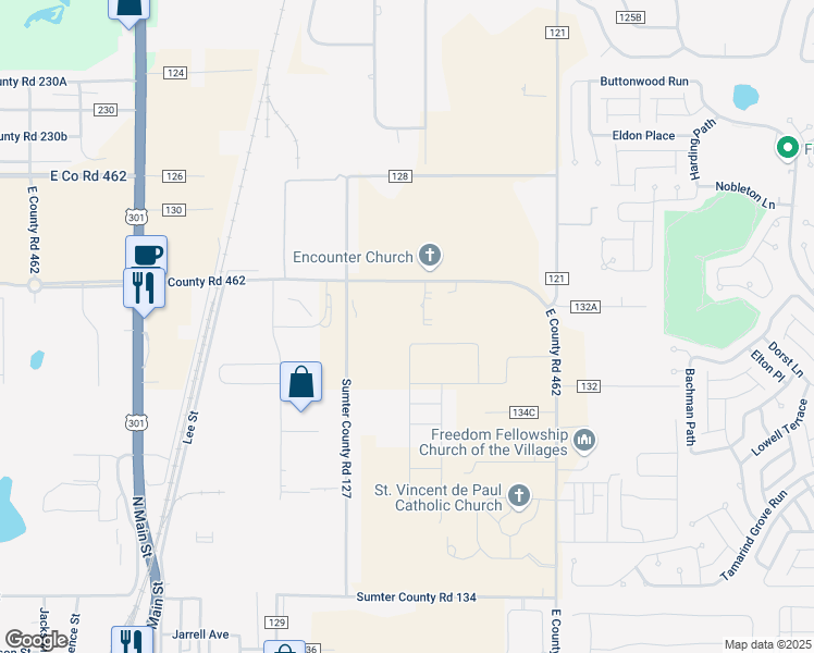 map of restaurants, bars, coffee shops, grocery stores, and more near 4701 East Co Road 462 in Wildwood