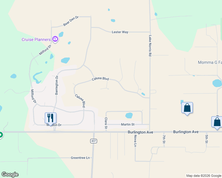 map of restaurants, bars, coffee shops, grocery stores, and more near 36630 Menominee Lane in Eustis