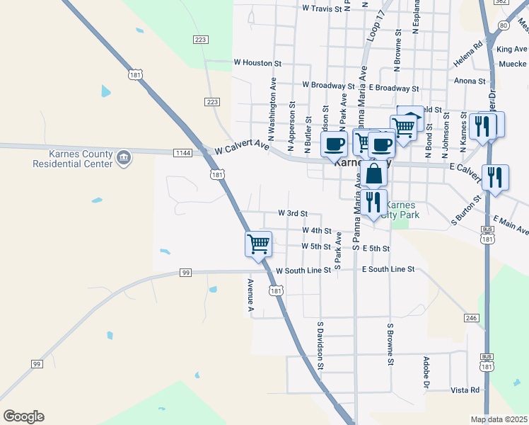 map of restaurants, bars, coffee shops, grocery stores, and more near 510 3rd Street in Karnes City