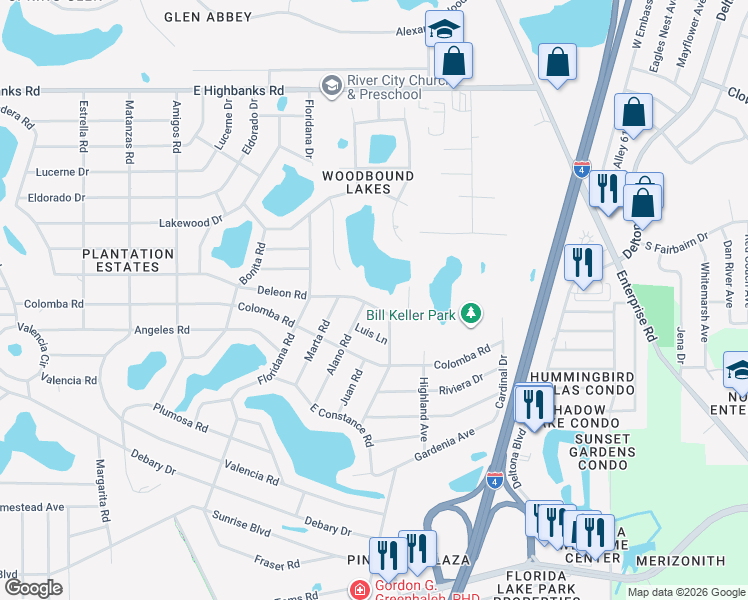 map of restaurants, bars, coffee shops, grocery stores, and more near 272 Deleon Road in DeBary