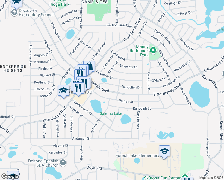 map of restaurants, bars, coffee shops, grocery stores, and more near 1358 East Normandy Boulevard in Deltona