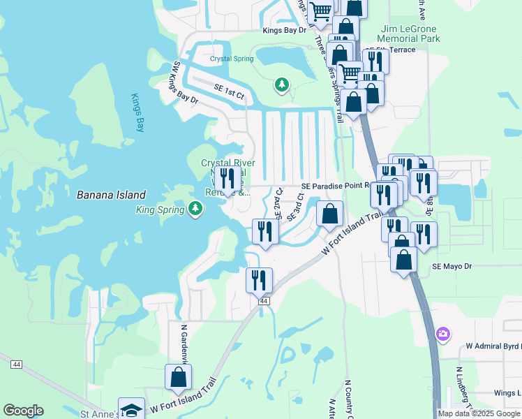 map of restaurants, bars, coffee shops, grocery stores, and more near 1637 Southeast Paradise Circle in Crystal River