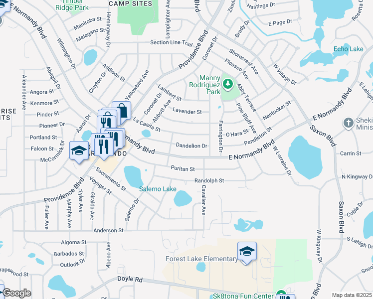 map of restaurants, bars, coffee shops, grocery stores, and more near 1437 Dandelion Drive in Deltona