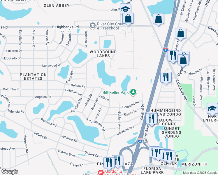 map of restaurants, bars, coffee shops, grocery stores, and more near 272 Deleon Road in DeBary