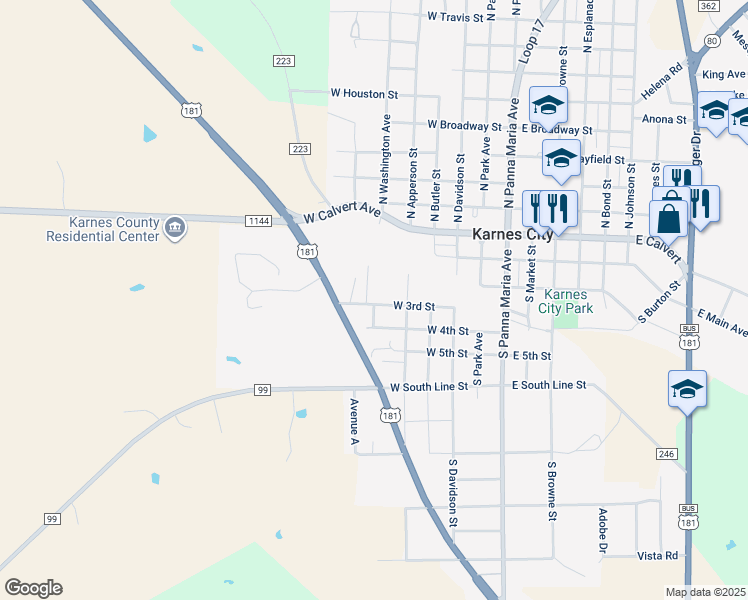 map of restaurants, bars, coffee shops, grocery stores, and more near 510 3rd Street in Karnes City