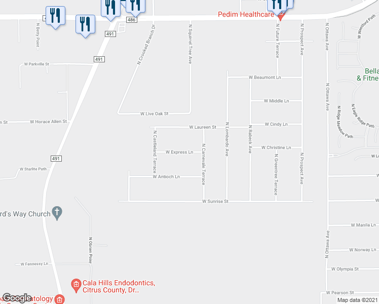 map of restaurants, bars, coffee shops, grocery stores, and more near 2636 West Express Lane in Lecanto