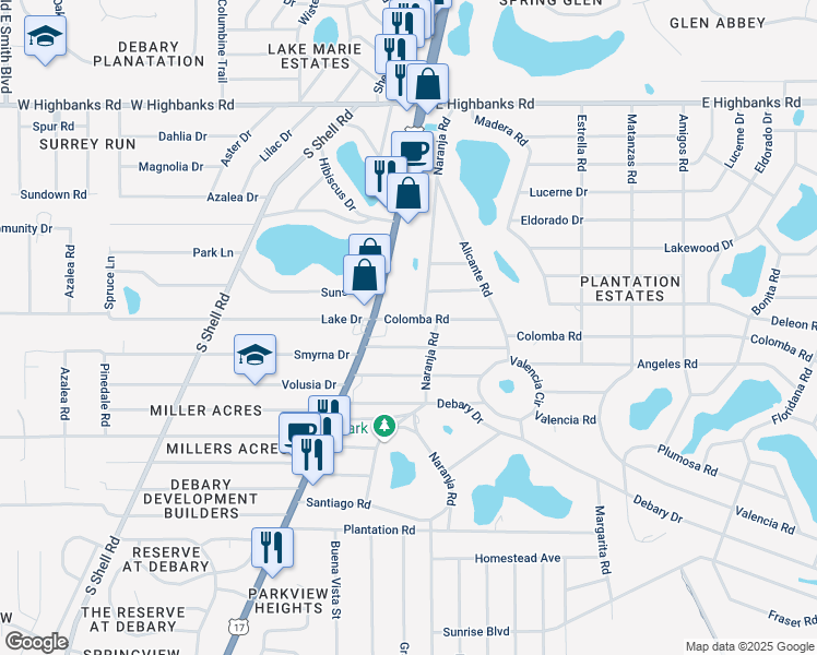 map of restaurants, bars, coffee shops, grocery stores, and more near 11 Colomba Road in DeBary