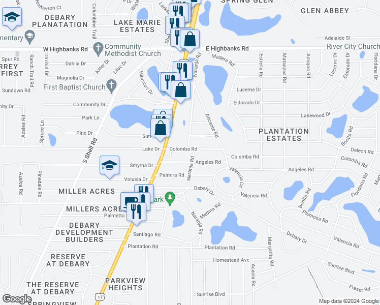 map of restaurants, bars, coffee shops, grocery stores, and more near 104 Naranja Road in DeBary