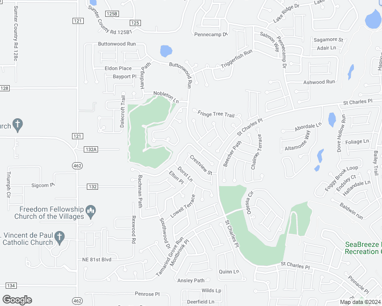 map of restaurants, bars, coffee shops, grocery stores, and more near 2311 Crestview Street in The Villages