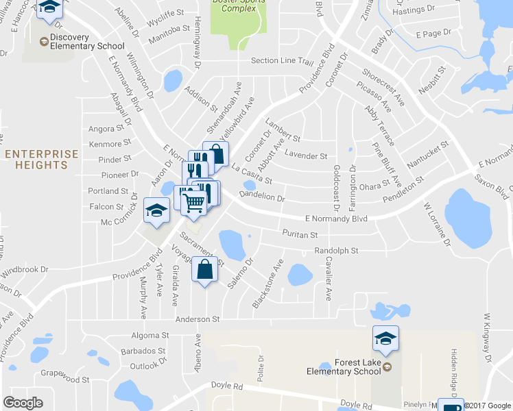 map of restaurants, bars, coffee shops, grocery stores, and more near 1358 East Normandy Boulevard in Deltona