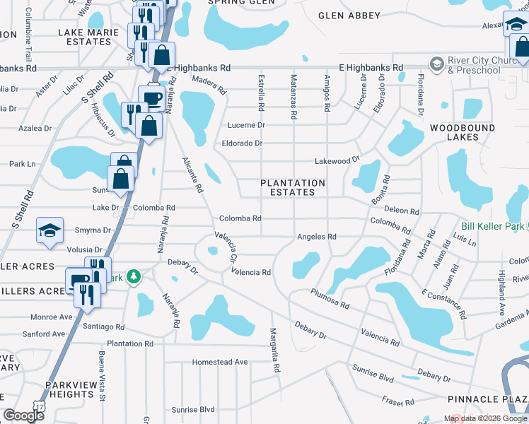 map of restaurants, bars, coffee shops, grocery stores, and more near 146 Colomba Road in DeBary