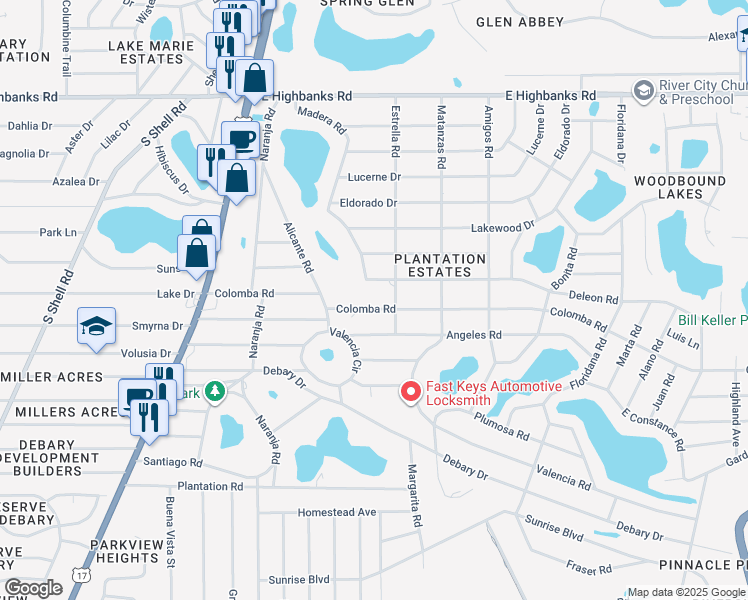 map of restaurants, bars, coffee shops, grocery stores, and more near 134 Colomba Road in DeBary