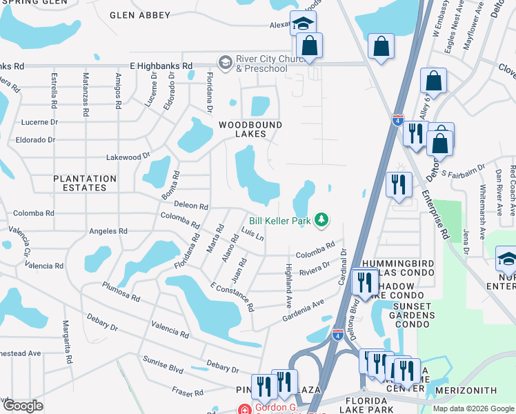 map of restaurants, bars, coffee shops, grocery stores, and more near 272 Deleon Road in DeBary
