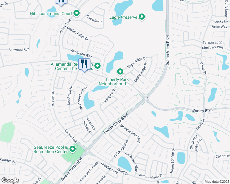 map of restaurants, bars, coffee shops, grocery stores, and more near 2093 Inverness Place in The Villages