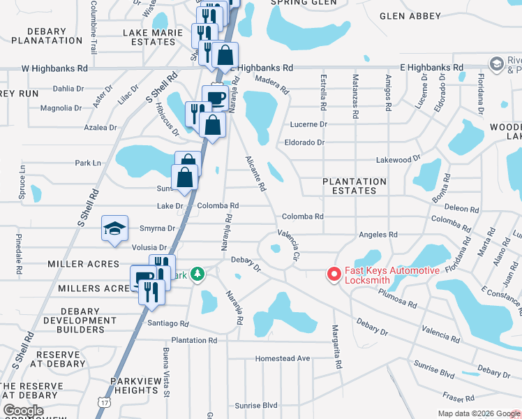 map of restaurants, bars, coffee shops, grocery stores, and more near 115 Colomba Road in DeBary