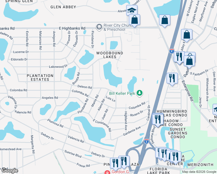 map of restaurants, bars, coffee shops, grocery stores, and more near 272 Deleon Road in DeBary