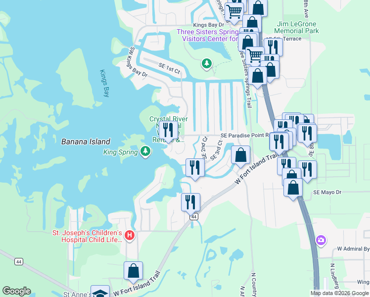 map of restaurants, bars, coffee shops, grocery stores, and more near 1700 Southeast Paradise Circle in Crystal River