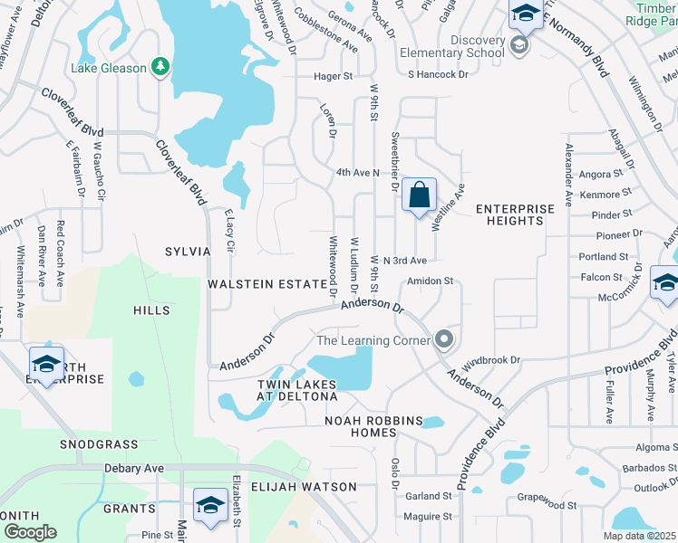 map of restaurants, bars, coffee shops, grocery stores, and more near 745 Whitewood Drive in Deltona