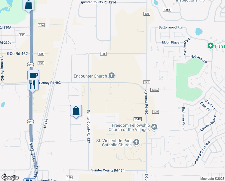 map of restaurants, bars, coffee shops, grocery stores, and more near 4701 East County Road 462 in Wildwood