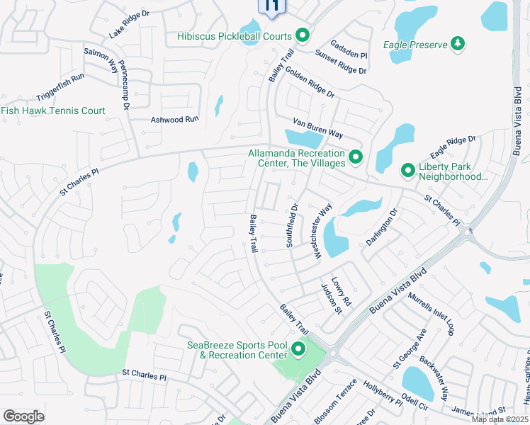 map of restaurants, bars, coffee shops, grocery stores, and more near 1703 Sanderling Street in The Villages
