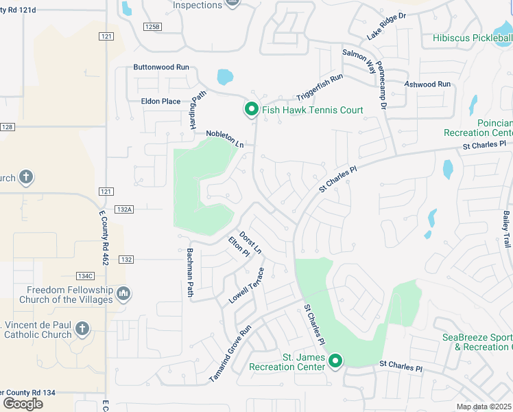 map of restaurants, bars, coffee shops, grocery stores, and more near 2311 Crestview Street in The Villages