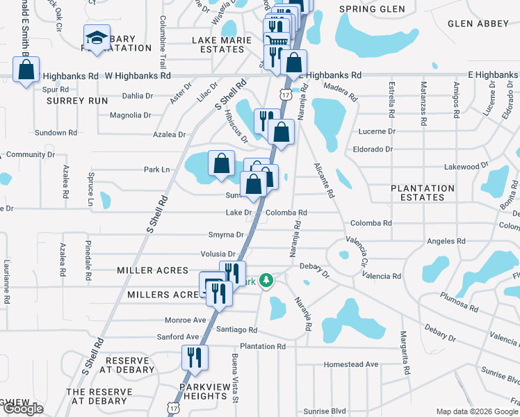map of restaurants, bars, coffee shops, grocery stores, and more near in DeBary