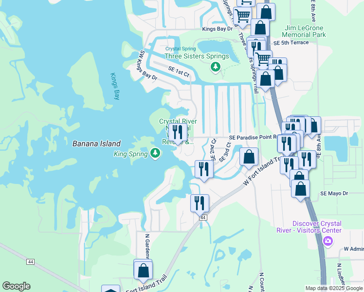 map of restaurants, bars, coffee shops, grocery stores, and more near 1637 Southeast Paradise Circle in Crystal River