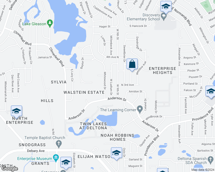 map of restaurants, bars, coffee shops, grocery stores, and more near 751 Whitewood Drive in Deltona