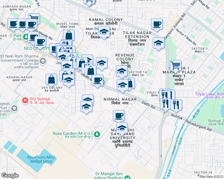 map of restaurants, bars, coffee shops, grocery stores, and more near Delhi Road in Rohtak