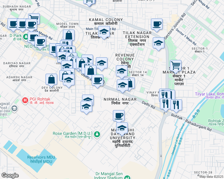 map of restaurants, bars, coffee shops, grocery stores, and more near Delhi Road in Rohtak