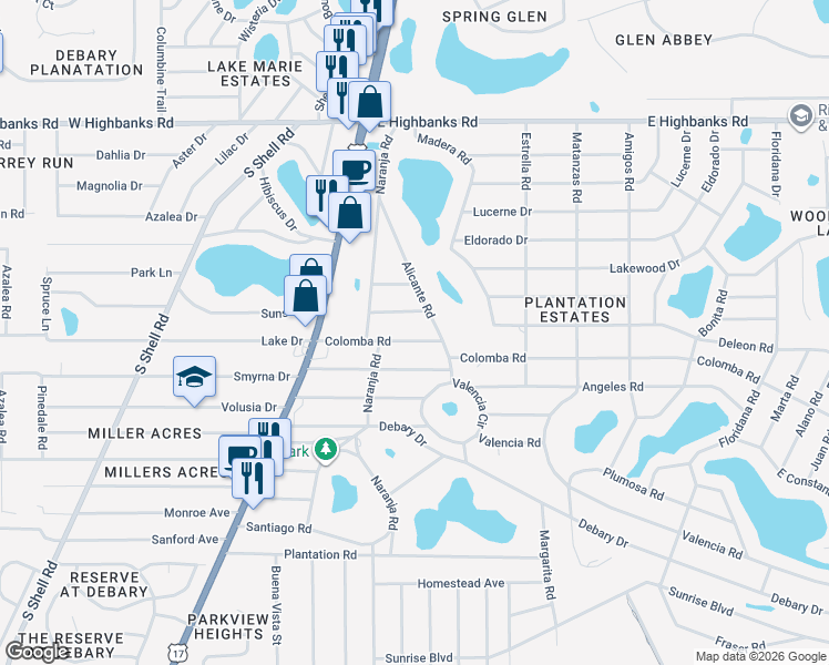 map of restaurants, bars, coffee shops, grocery stores, and more near 115 Colomba Road in DeBary