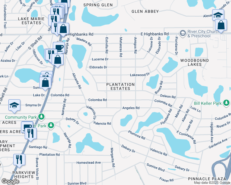map of restaurants, bars, coffee shops, grocery stores, and more near 151 Deleon Road in DeBary